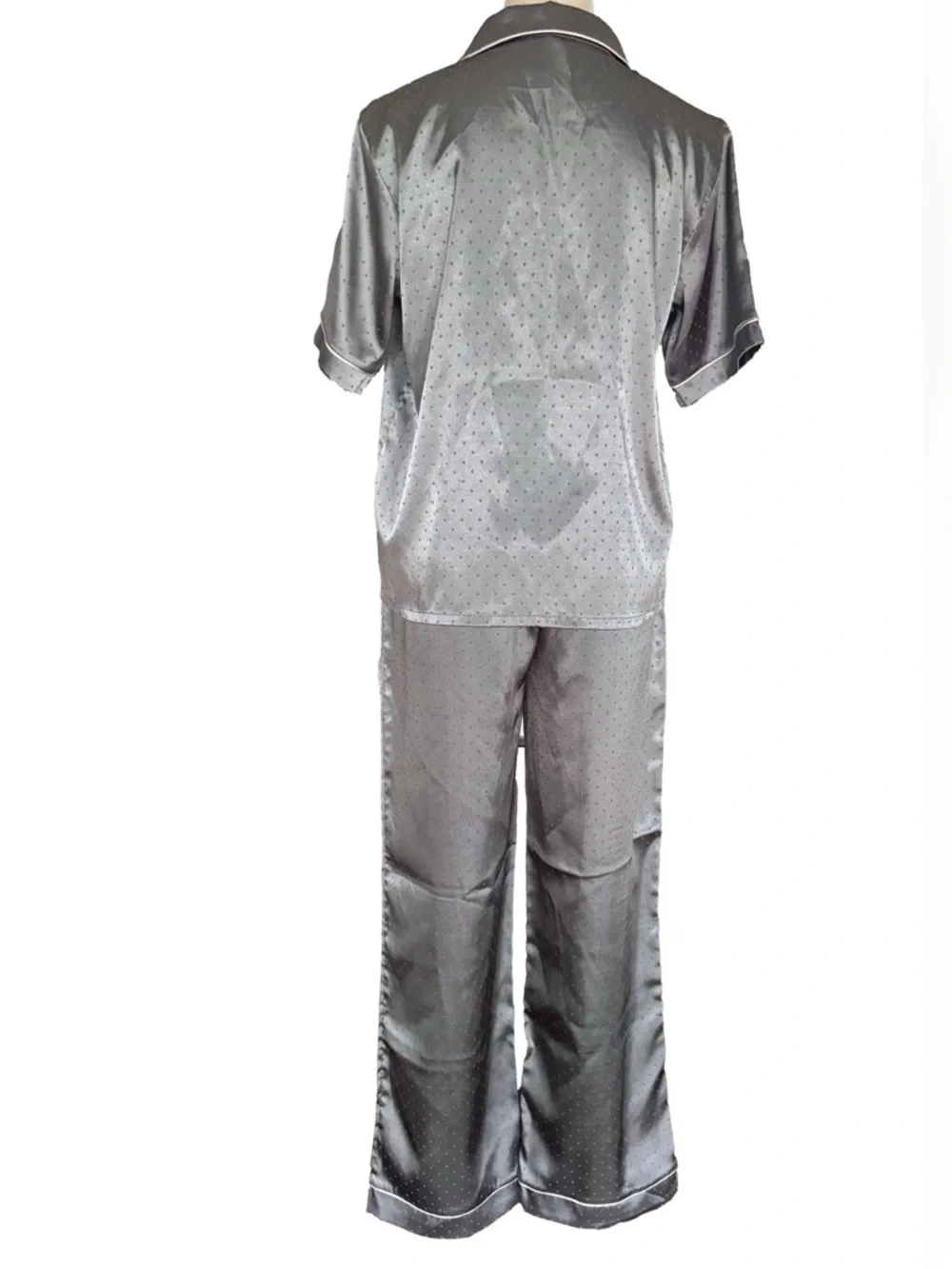 Loungewear Pajama Set - Silver Satin Polka Dot - M